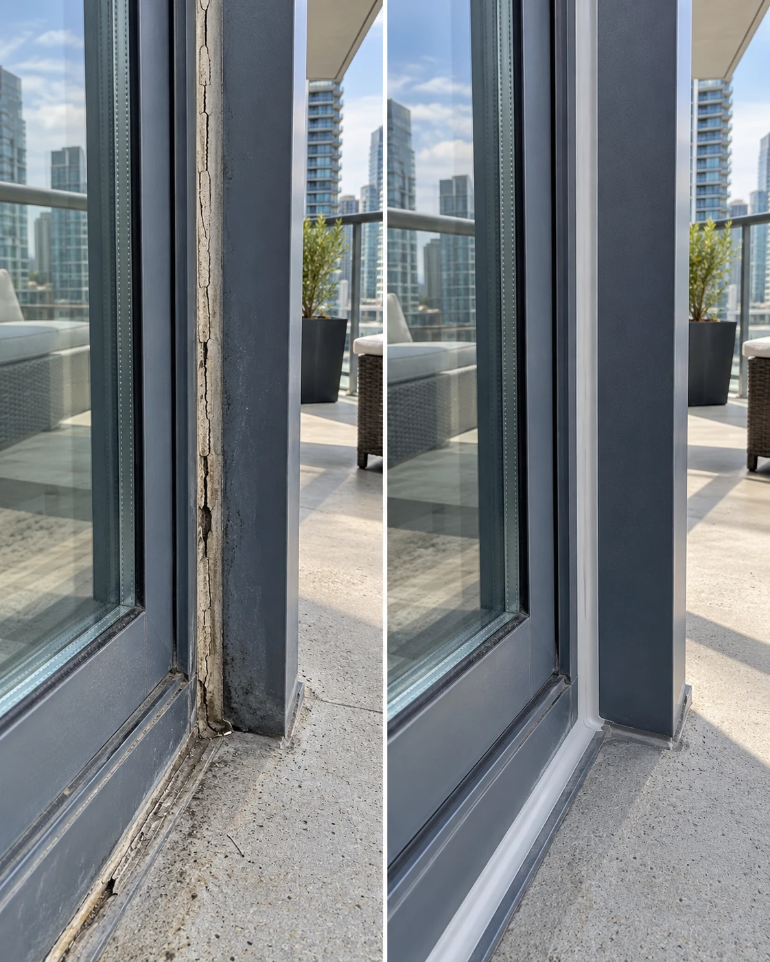 Exemple avant / après : joint fendu autour d'une porte-patio, puis joint neuf