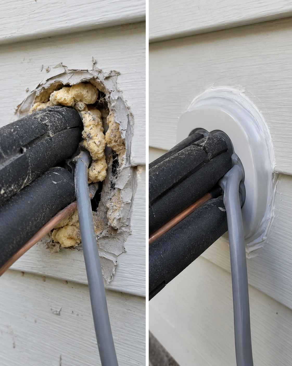 Exemple avant / après : sortie d'air et câbles au mur, joint détérioré puis refait