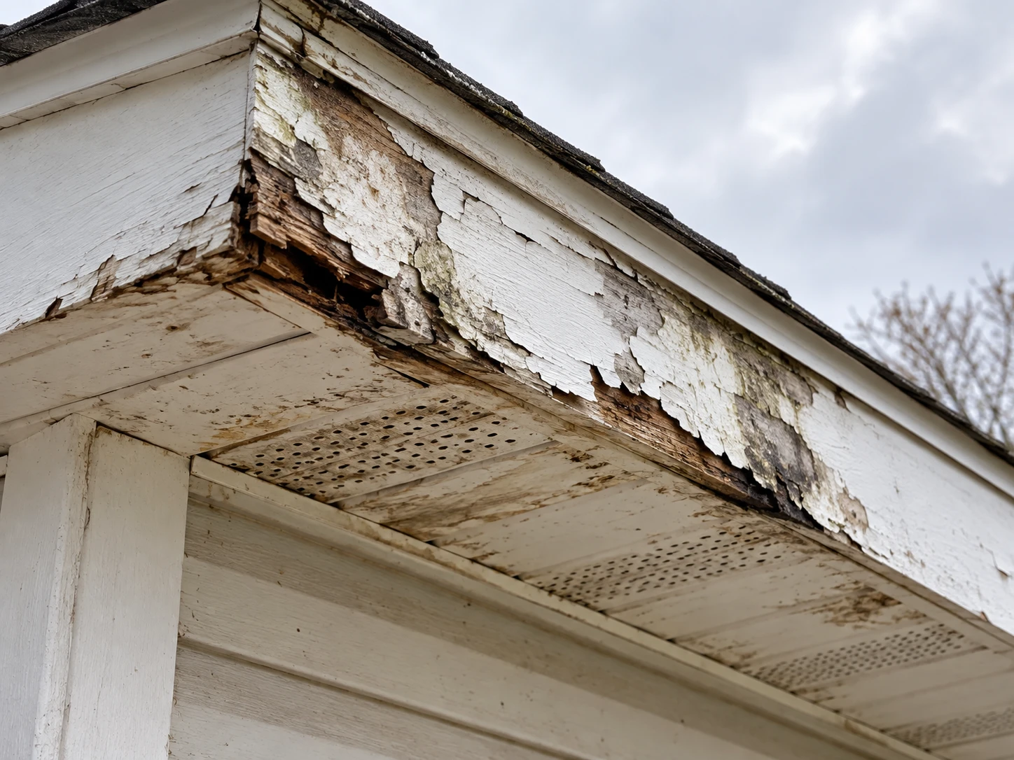 Illustration : fascia en bois qui pourrit, peinture écaillée et bois abîmé au bord du toit