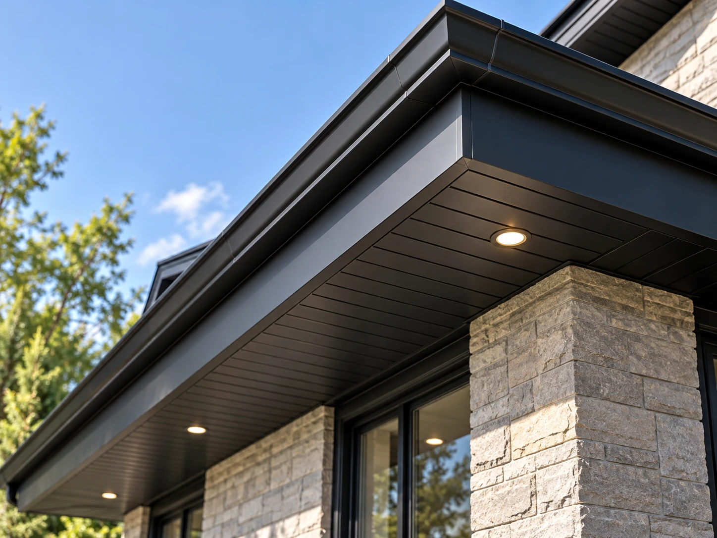 Illustration : fascia et soffite en aluminium noir sur une maison en pierre