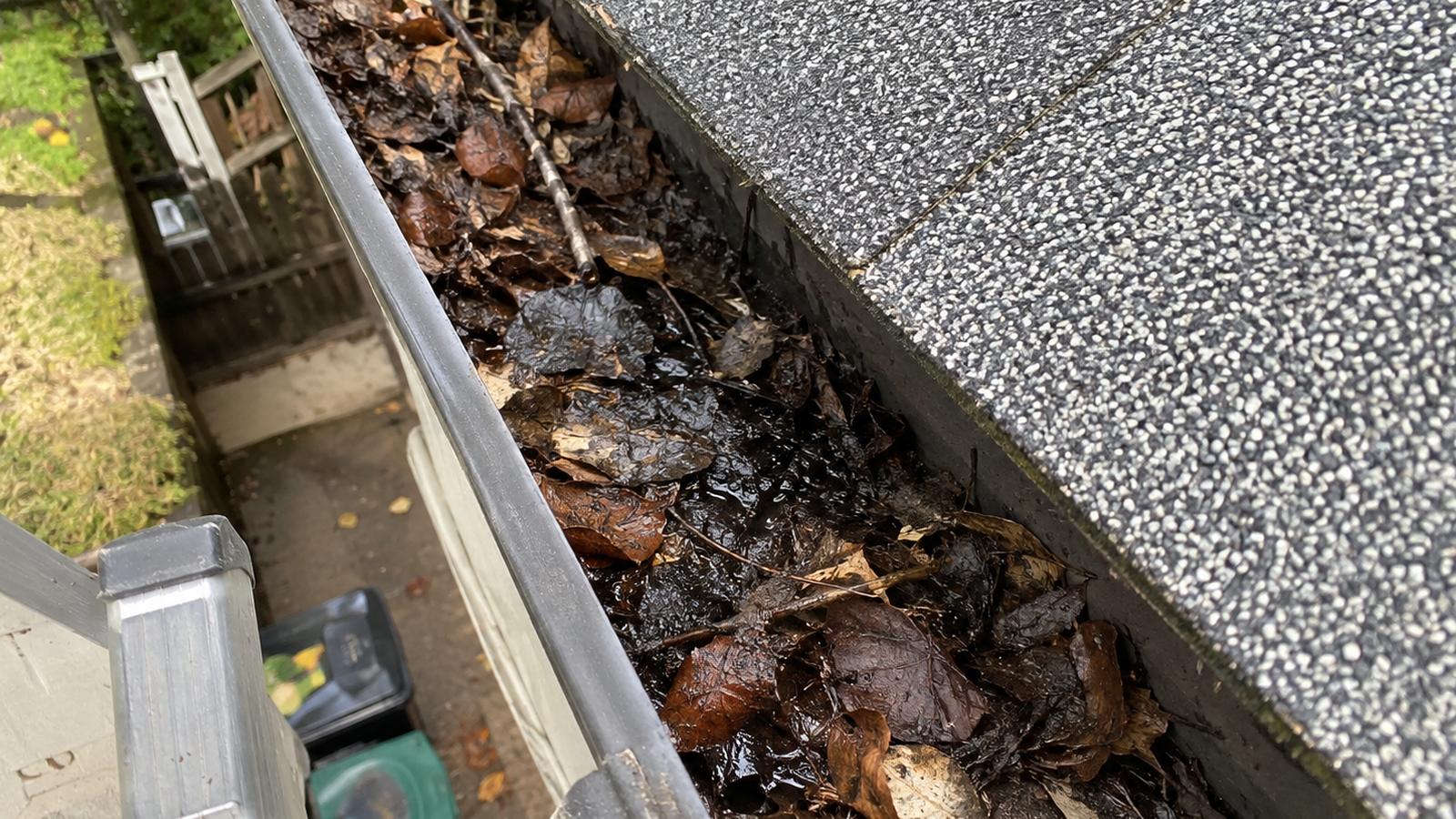 Gouttière remplie de feuilles mortes et de boue avant le nettoyage par Groupe Murco