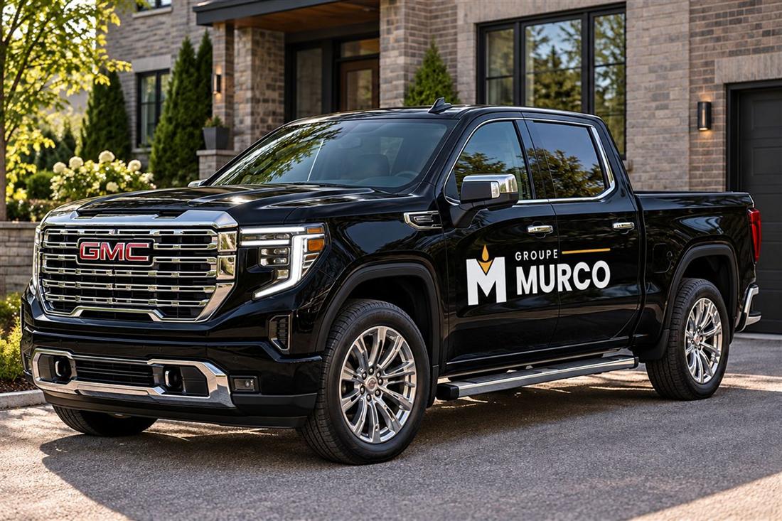Camion GMC noir avec le logo Calfeutrage Murco