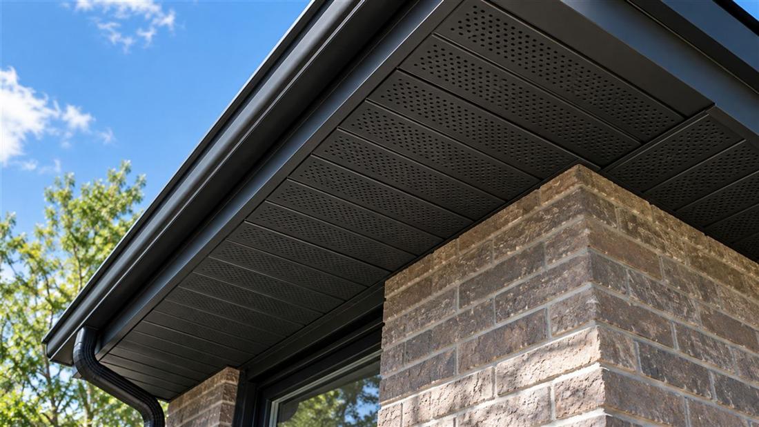 Illustration : fascia et soffite en aluminium noir sur une maison en pierre